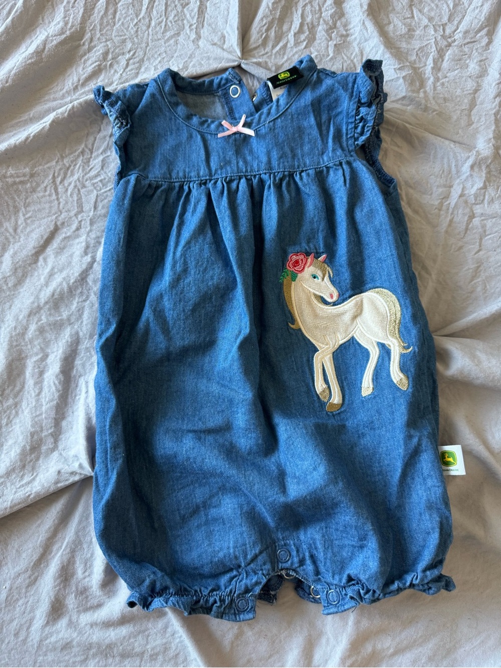 John Deere Denim Blue Baby Romper with Embroidered Pony